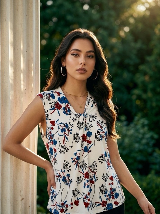 Tommy Hilfiger Tops - Tommy Hilfiger Ivory Floral V-Neck Sleeveless Top with Red & Blue Print